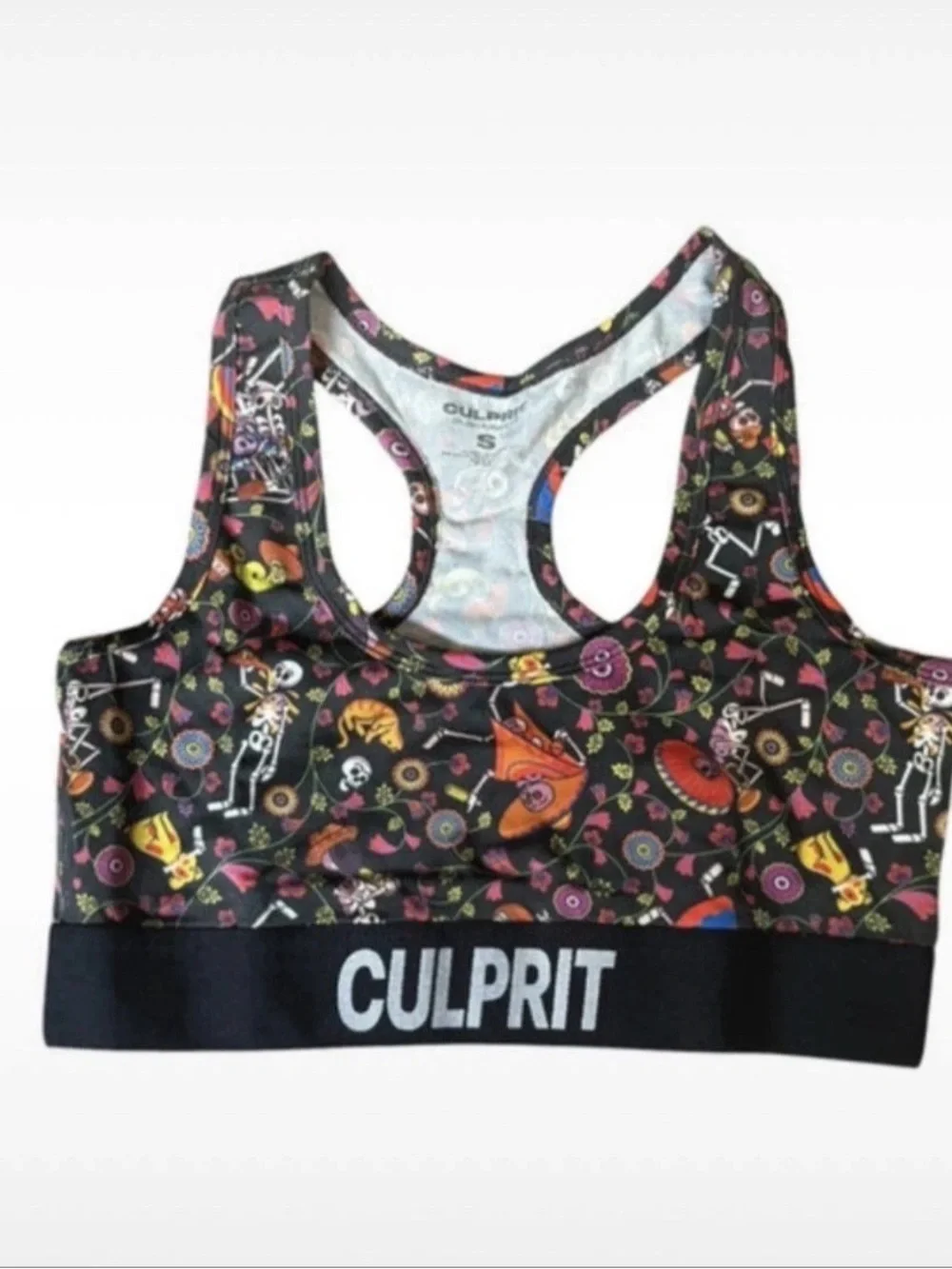 Culprit Black Floral & Skeleton Print Racerback Sports Bra